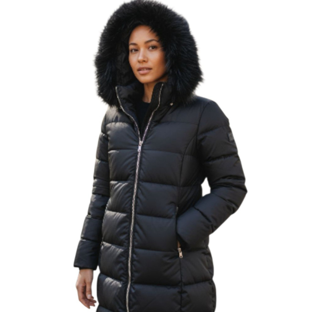Marc New York Andrew Marc Women's Faux-Fur Trim Puffer Coat Black Full-Zip Large